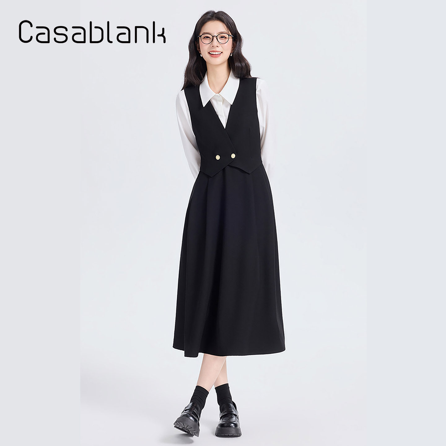 Casablank学院风无袖黑色背心连衣裙女通勤职业气质A型修身型显瘦