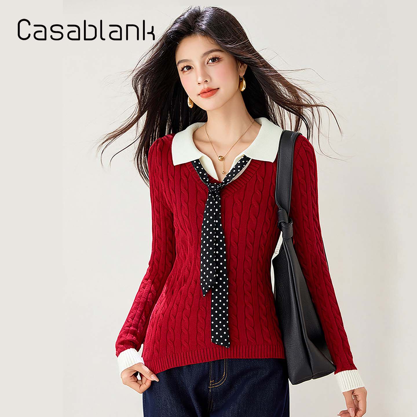 Casablank通勤风假两件翻领针织衫女麻花设计感简约百搭长袖毛衣