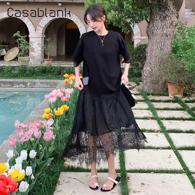Casablank轻熟风宽松休闲t恤连衣裙女夏季新款设计感气质黑裙长款