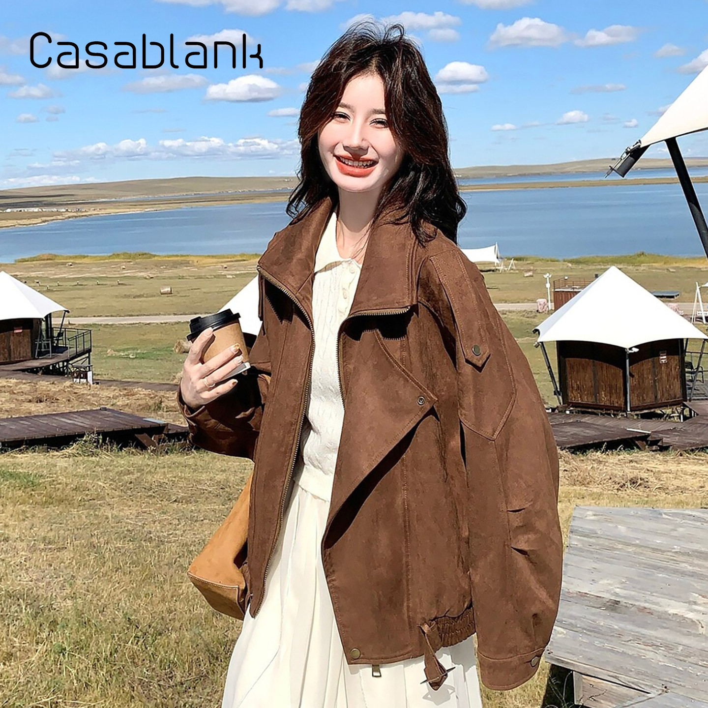 秋季休闲风麂皮机车时尚短外套女