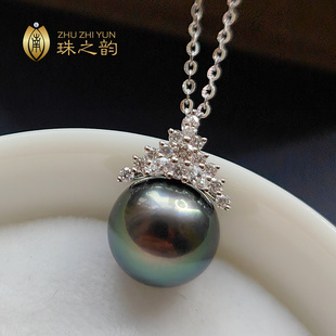 大溪地黑珍珠吊坠项链天然海水珍珠18k金钻石冰雪女王款正圆强光