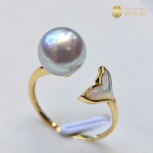 极光真多麻海水珍珠戒指18k鱼尾