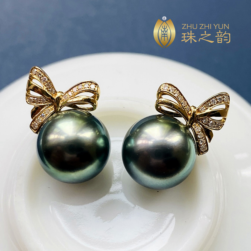 大溪地黑珍珠天然海水珍珠耳钉耳环18K金钻石耳饰蝴蝶结正圆高贵