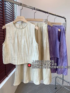 THEWOW天丝亚麻 超美复古扎染水洗褶皱工艺无袖背心A字伞裙套装