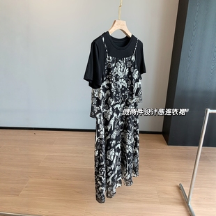 設(shè)計感顯瘦吊帶假兩件印花雪紡中長款 氣質(zhì)女神范 連衣裙女夏