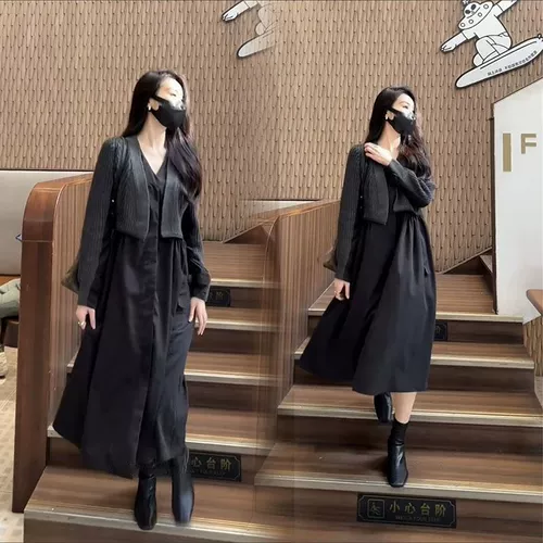 Демисезонная ретро трикотажная накидка, комплект, платье, длинная юбка, французский стиль