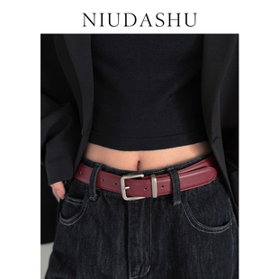 本命年安可拉红色真皮腰带女简约百搭设计感金属扣显瘦皮带女真皮