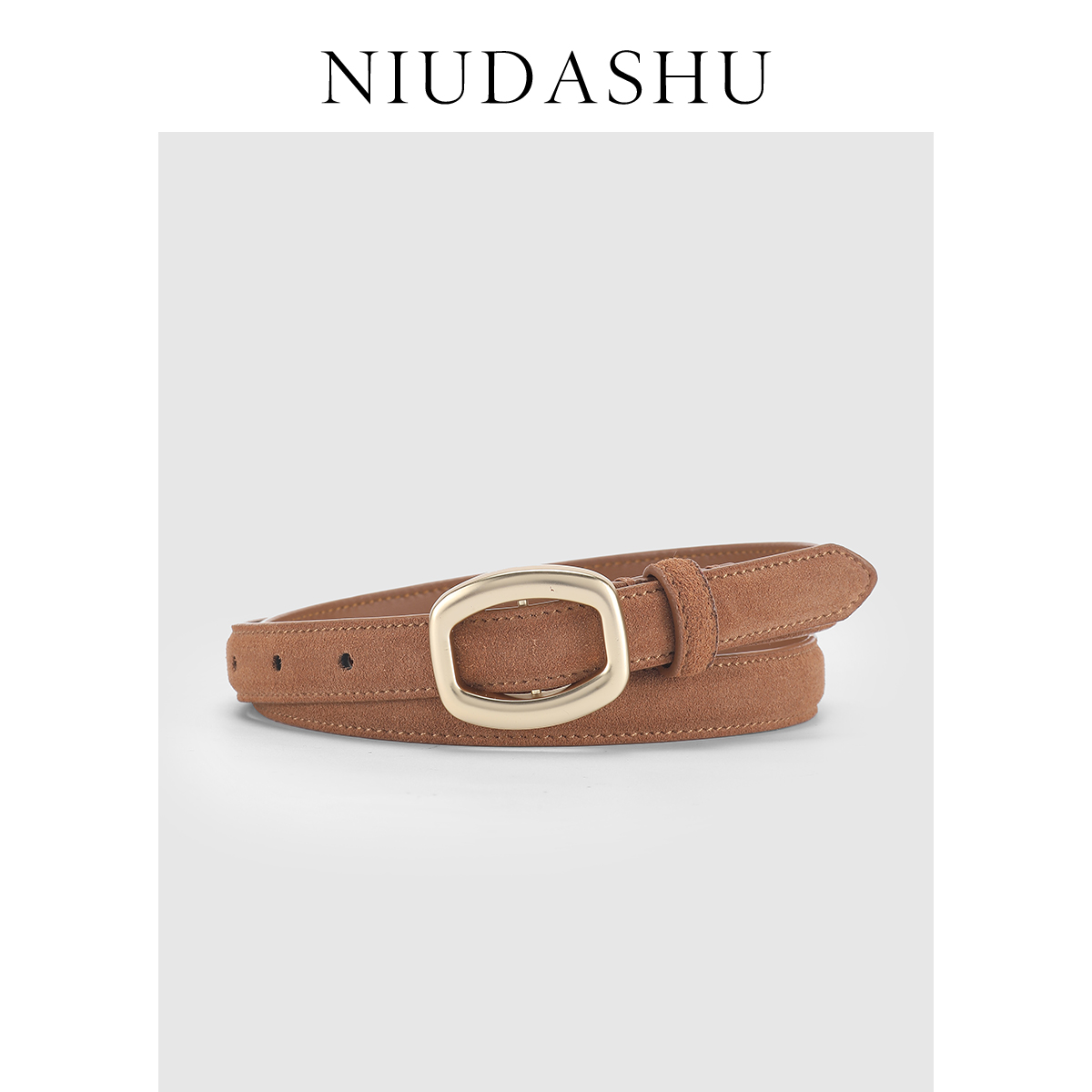 棕色牛仔裤平滑扣腰带女细显瘦