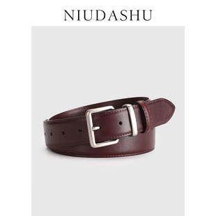 新款安可拉真皮腰带女简约百搭方扣装饰小众设计感时髦皮带酒红色