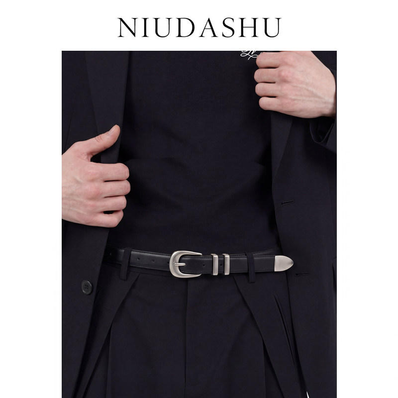 新款皮带男真皮装饰简约百搭牛皮银色针扣年轻人个性腰带显瘦黑潮