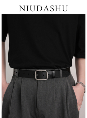 秋季新款皮带男潮真皮年轻人百搭配休闲牛仔裤牛皮腰带男针扣黑色