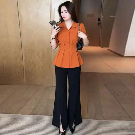 流行大码女胖mm时尚套装2026夏季修身显瘦衬衣微喇叭裤两件套女装