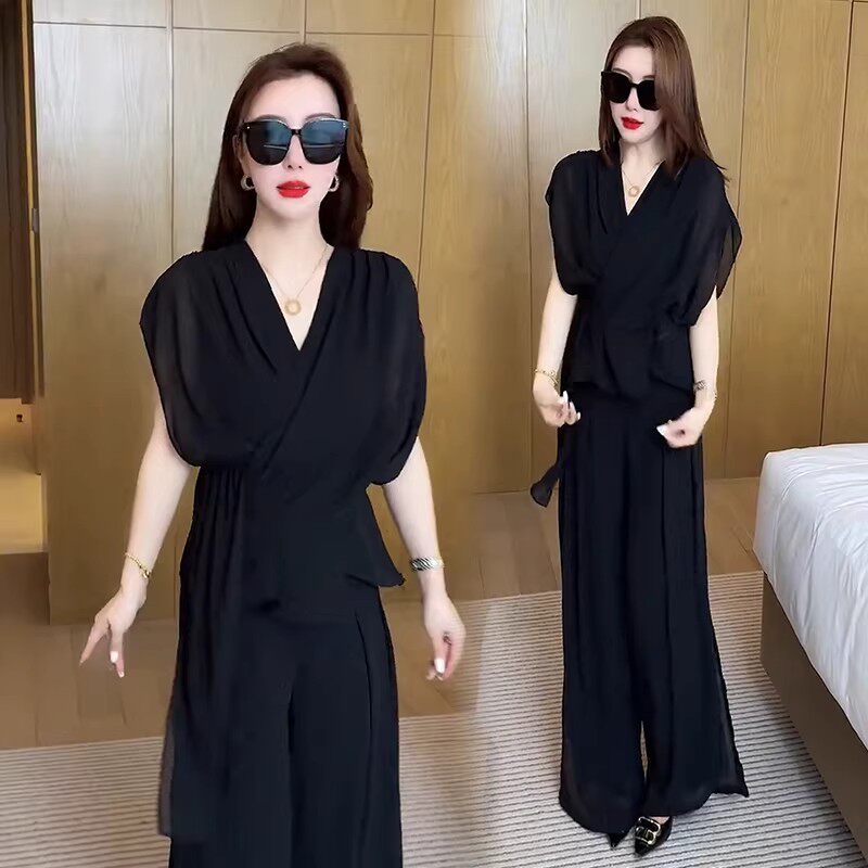2026夏季雪纺显瘦阔腿裤套装女