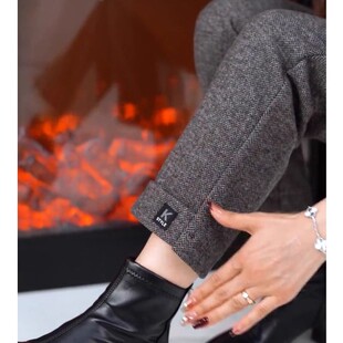 加绒加厚休闲裤 女士冬季 中年妈妈高腰修身 子人字纹九分阔腿筒裤 裤