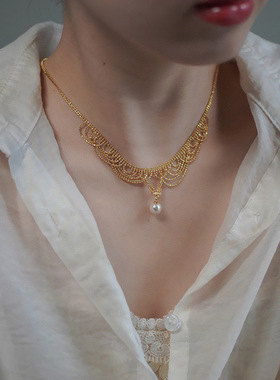 天然淡水珍珠蕾丝项链14k注金时尚轻奢复古宫廷风镂空流苏锁骨链