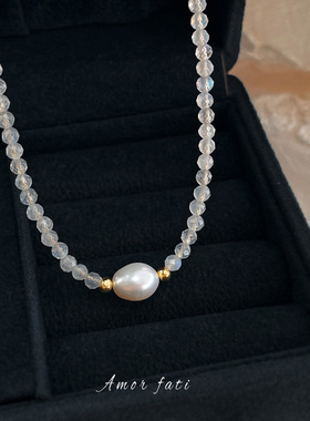 5A级强光淡水珍珠项链法式天然月光石颈链轻奢高级感锁骨链送闺蜜