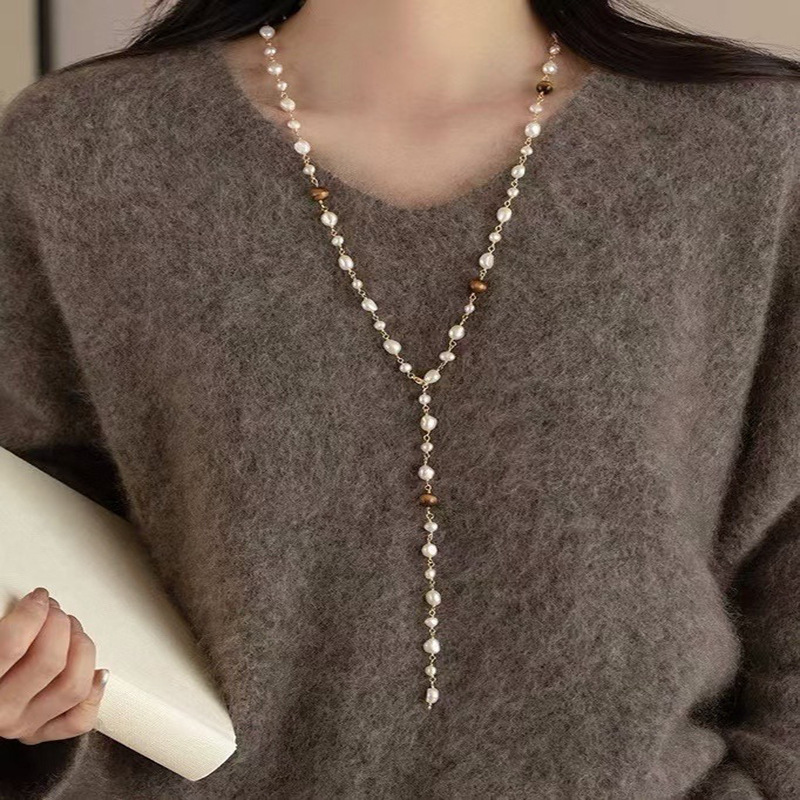 可调节天然淡水珍珠项链秋冬女法式复古轻奢高级感毛衣链2025新款