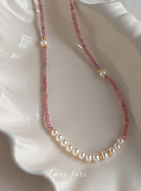 高品质强光淡水珍珠项链手作新中式粉碧玺颈链轻奢风天然石锁骨链