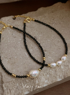 高品质强光淡水珍珠手链女镀18K金法式轻奢黑尖晶手串高级感手饰