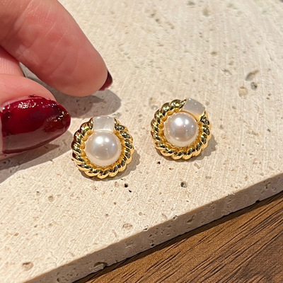 天然淡水珍珠耳环s925银针女14k注金小众设计感复古麻花贝母耳饰