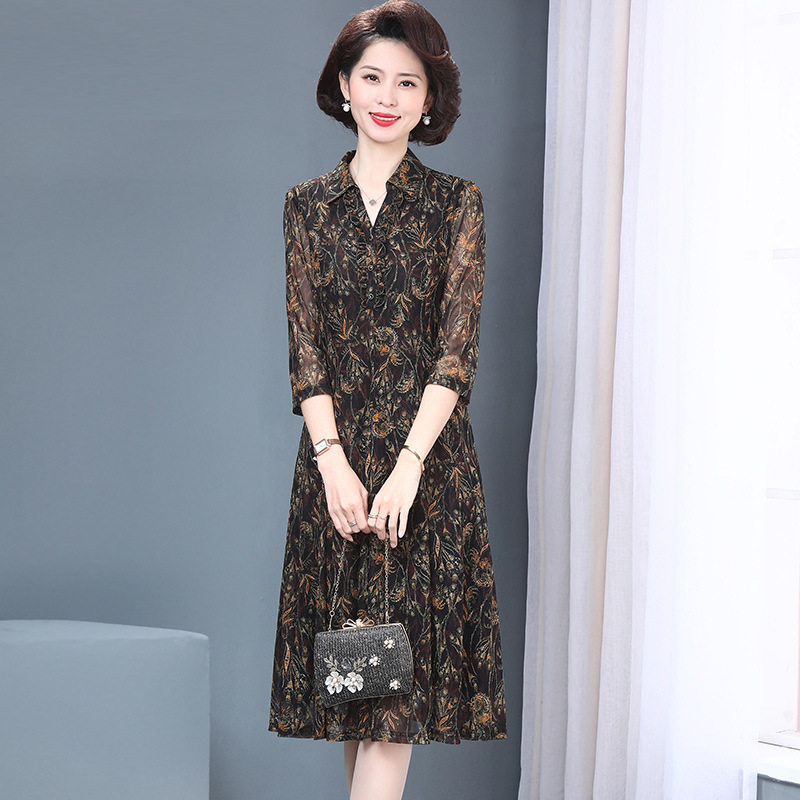 新款女装裙子大码显瘦连衣裙弹力网纱长袖妈妈装中长裙加大尺码