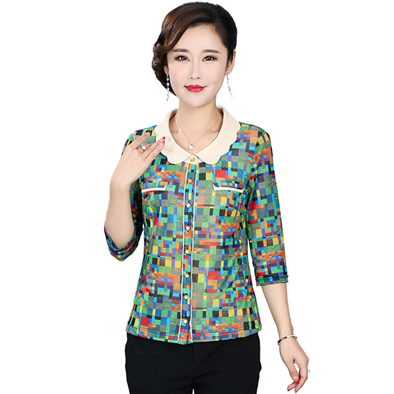 2020夏春夏装网纱女装中袖衬衫翻领开衫弹力中老年妈妈上衣竹语声