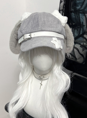 1Gangster Inn原创灰色小狗耳朵帽亚文化贝雷帽可爱个性宅文化