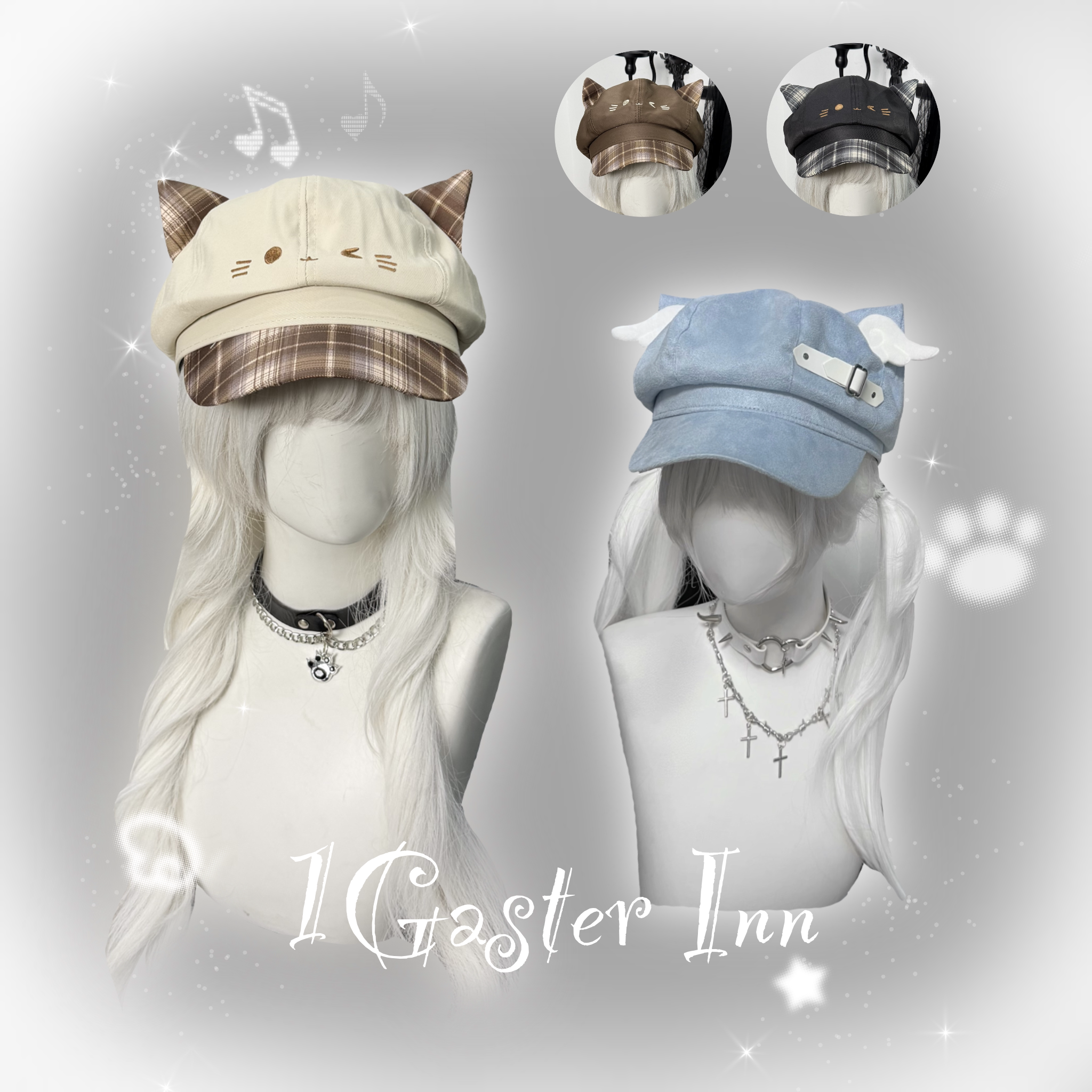 1Gaster Inn可爱亚文化猫耳朵格纹八角帽二次元大头围百搭显脸小