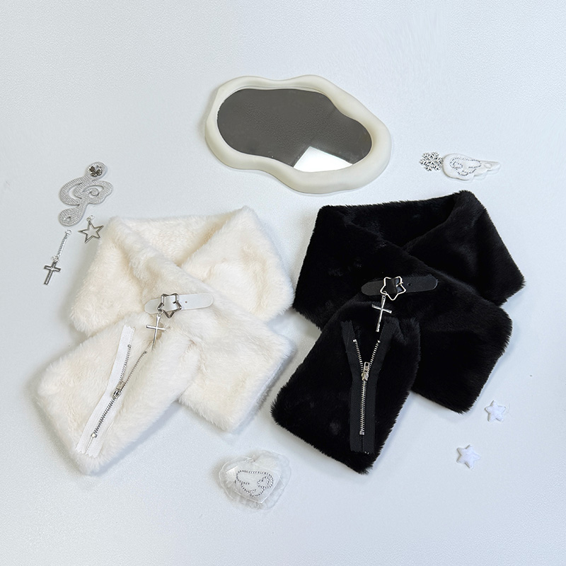 1Gangster Inn原创可爱五角星围脖百搭毛绒白围巾古早宅萌亚文化