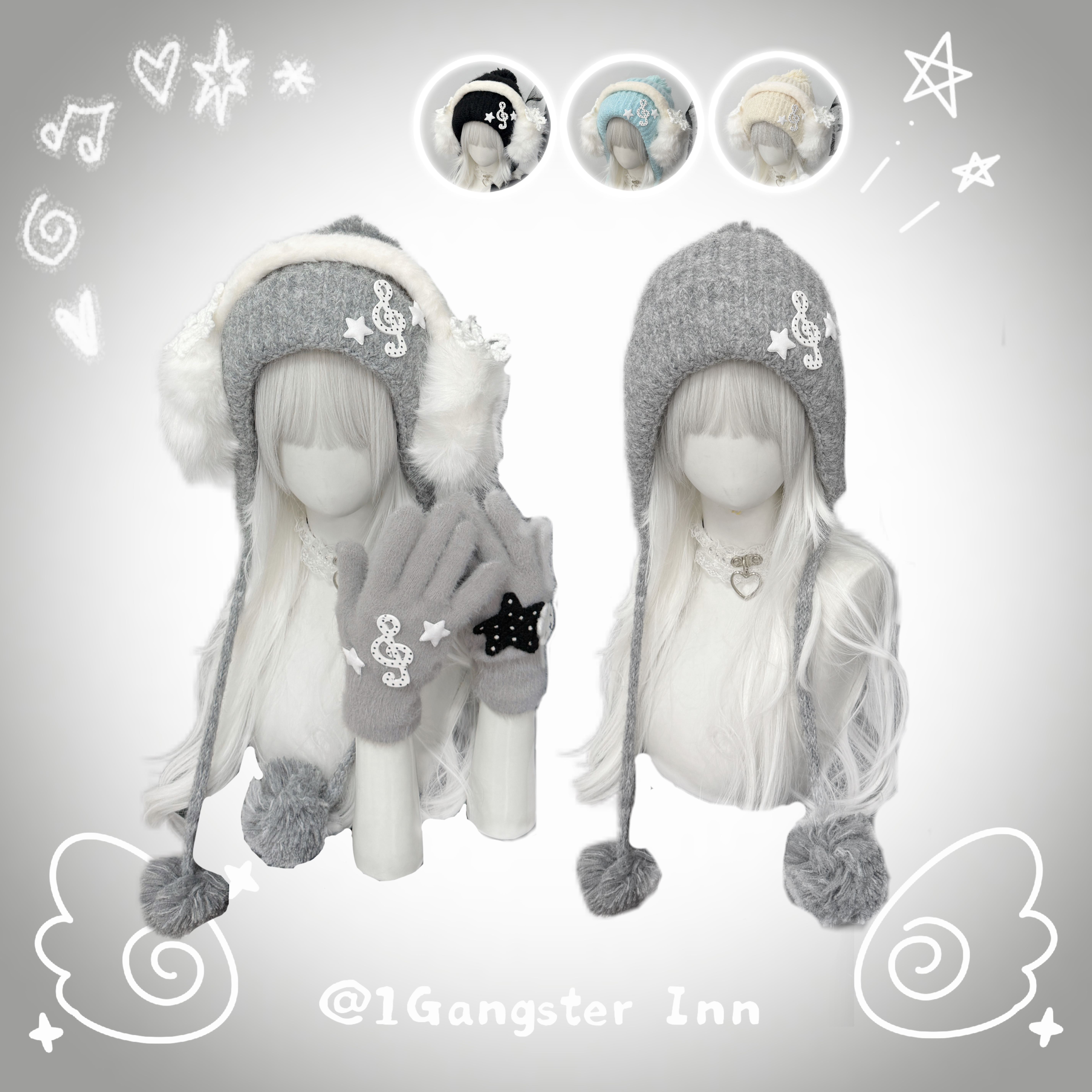 1Gangster Inn毛绒帽秋冬复古亚文化小众可爱护耳保暖音符毛线帽