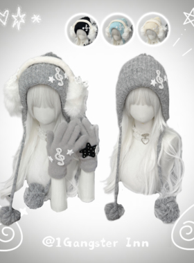 1Gangster Inn毛绒帽秋冬复古亚文化小众可爱护耳保暖音符毛线帽