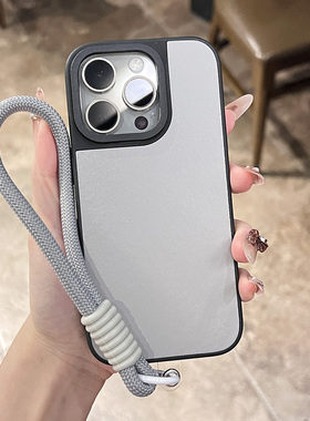 灰色皮纹带挂绳适用于苹果16手机壳超好看iPhone15promax轻奢款14保护套13高级简约2025爆款全包软硅胶手机壳