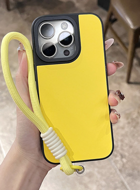 黄色皮纹带挂绳适用苹果16手机壳iphone15promax超好看简约14保护套13高级感小众12大孔防摔11硅胶软壳多色pm