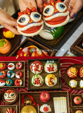 儿童周岁花馍托盘木质摆件糕点中式宝宝生日场景布置竹编点心蓝