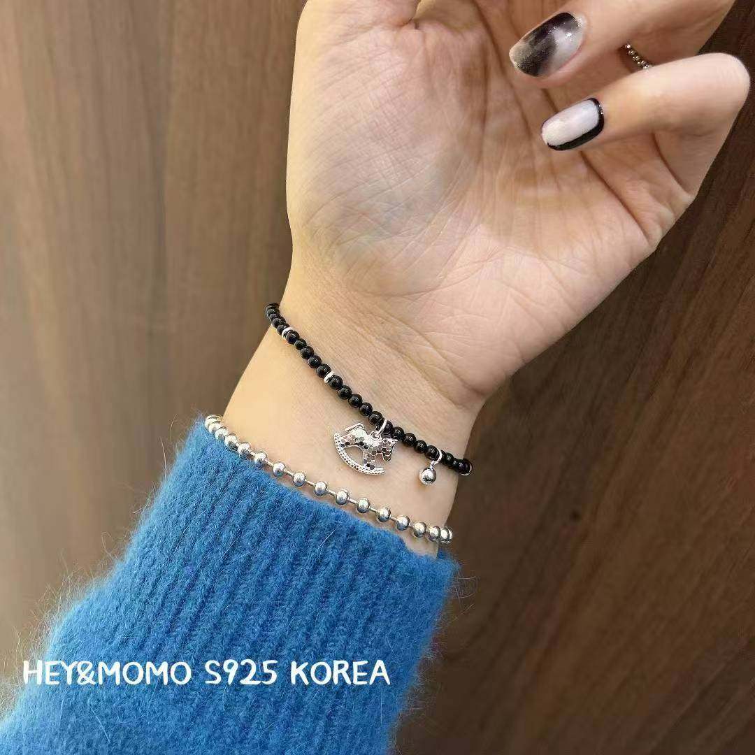 12.15直播韩国momo银饰小木马黑玛瑙串珠手链925银