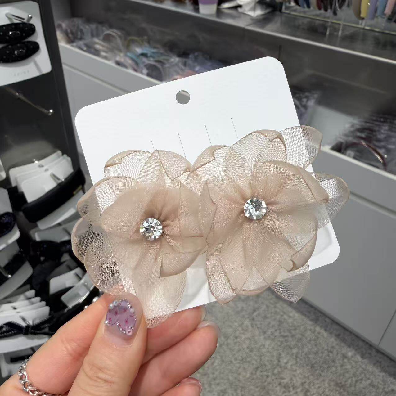 3.23韩国东大门SUU手工闪钻蕾丝纱花朵一字边夹发夹