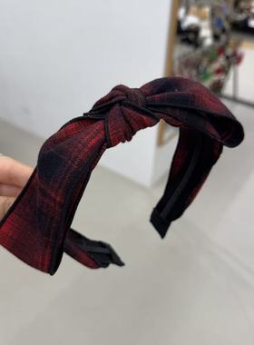 11.23韩国maylee发饰复古红格子蝴蝶结高颅顶发箍