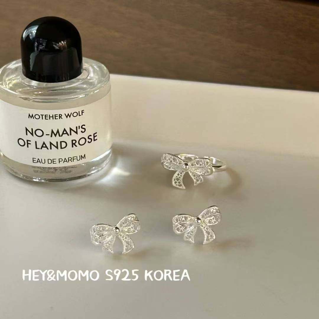 12.15直播韩国momo银饰蕾丝蝴蝶结戒指耳钉925银