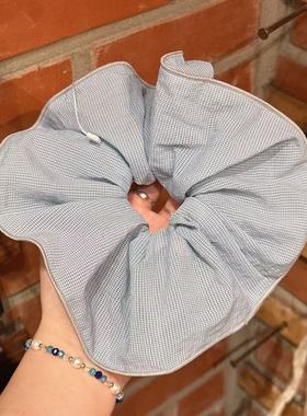 4.18韩国东大门nyunyu发饰清新格纹蓝色大肠发圈