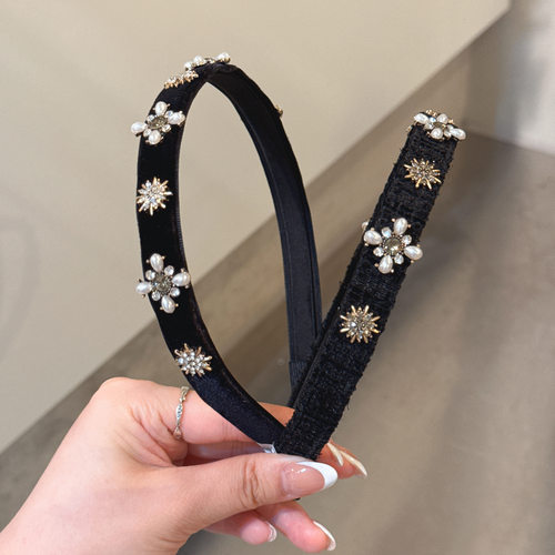 6.28韩国东大门baket发饰复古十字花珍珠水钻发箍细版