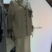 2.5韩国东大门victoria新款 竖条纹蝴蝶结家居服睡衣套装