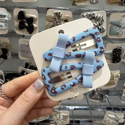 2.23韩国东大门rich women布艺豹纹蝴蝶结三角对夹发夹边夹