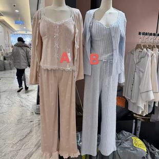 12.11韩国东大门victoria牛奶绒蝴蝶结吊带三件套家居服睡衣套装