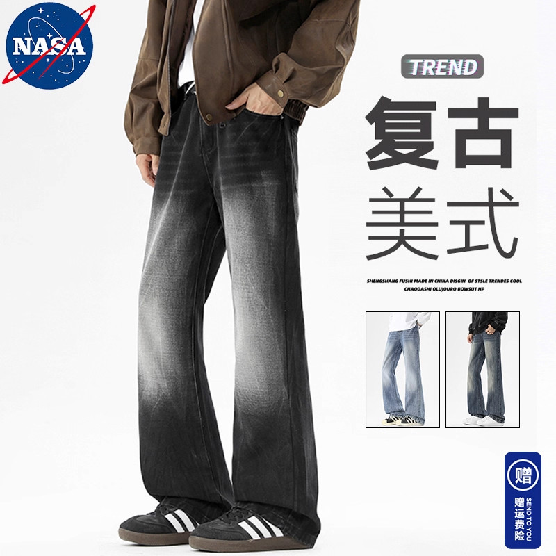 NASA牛仔裤男款春秋季直筒宽松微喇阔腿裤休闲潮牌长裤子男生