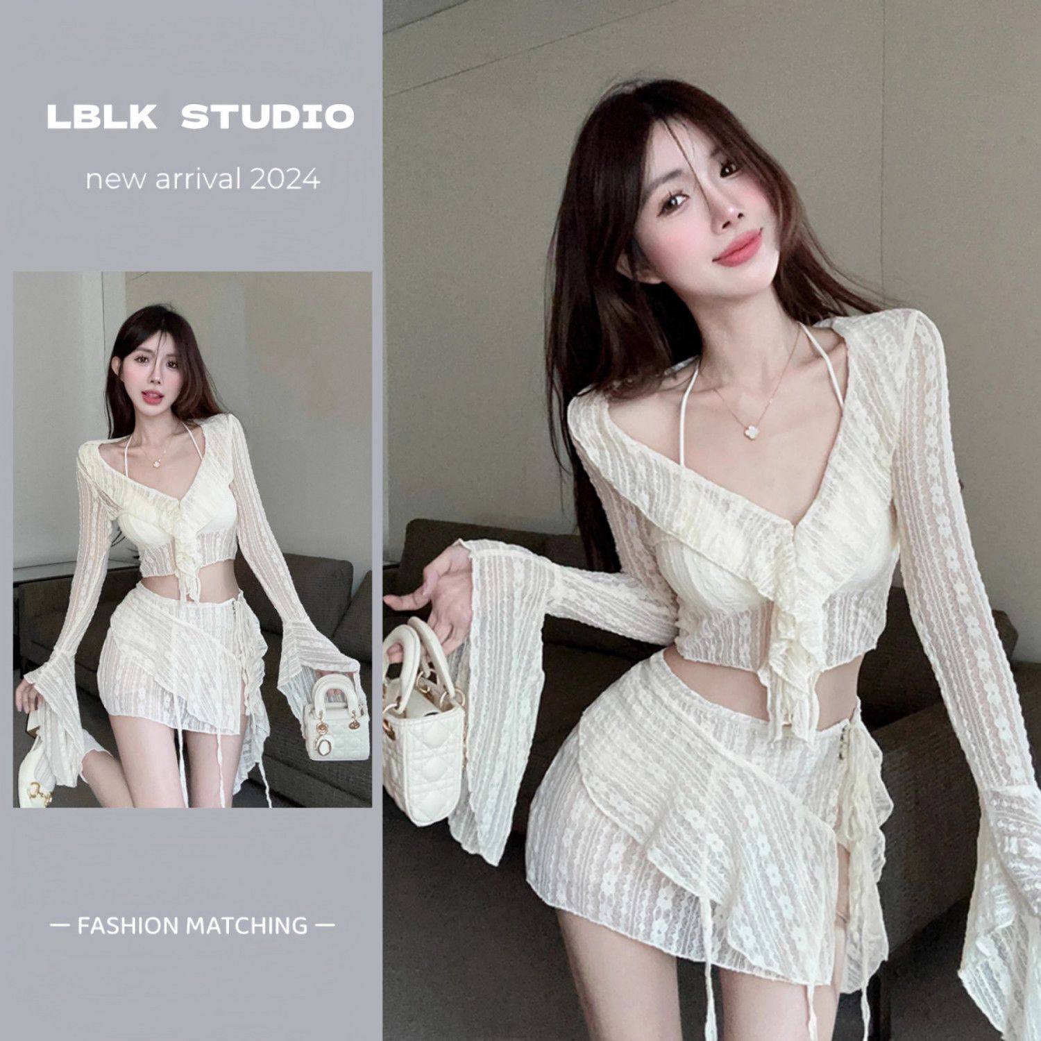 四件套分体泳衣女式比基尼拍照出片蕾丝性感海边度假泡温泉高级感