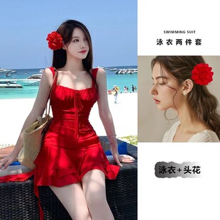 明媚夏日泳衣女红色显白海边度假连体小红裙超仙ins温泉遮肚显瘦