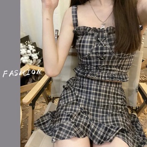 少女泳衣女夏季纯欲风高级感分体格子裙式ins网红风保守性感气质