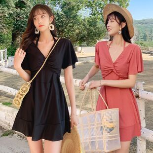 女孩纯色泡温泉泳装 胖mm游泳衣女夏2026新款 保守大胸遮肚显瘦大码