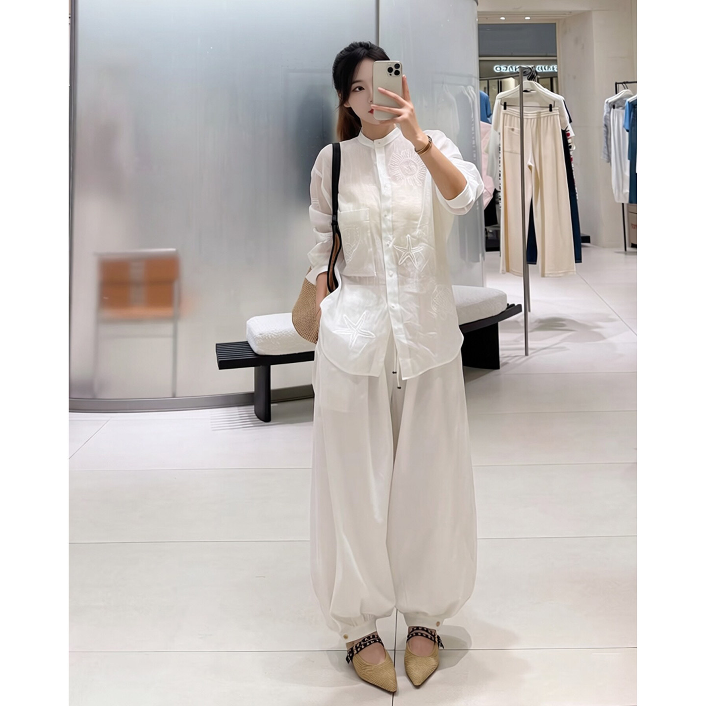 Juicefish绣花E系轻薄苎麻衬衫春夏立领落肩微透宽松上衣防晒衬衣