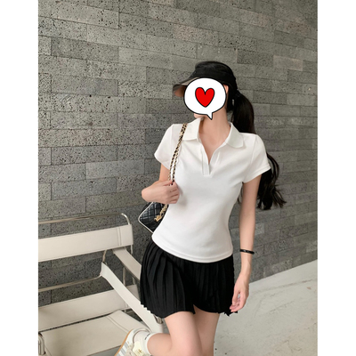Juicefish夏日全能!正肩微收腰板正小翻领罗纹V领短袖POLO衫T恤女